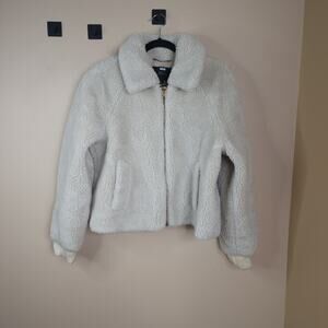 J Crew cream fleece teddy bomber winter coat Size L